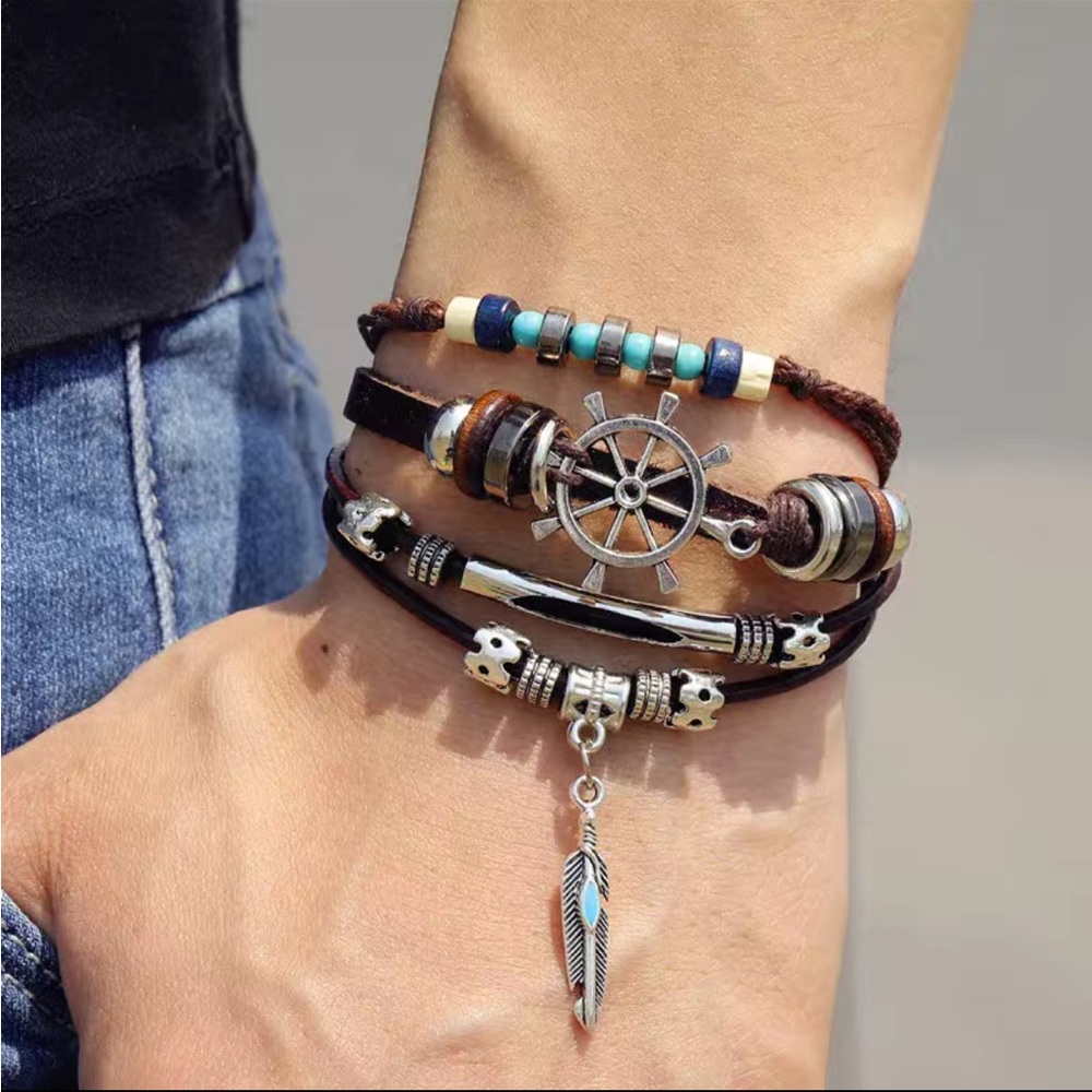 2305-PCM Turquoise, Silver, & Wooden Beads, Pendants Leather 4 Layer Bracelet